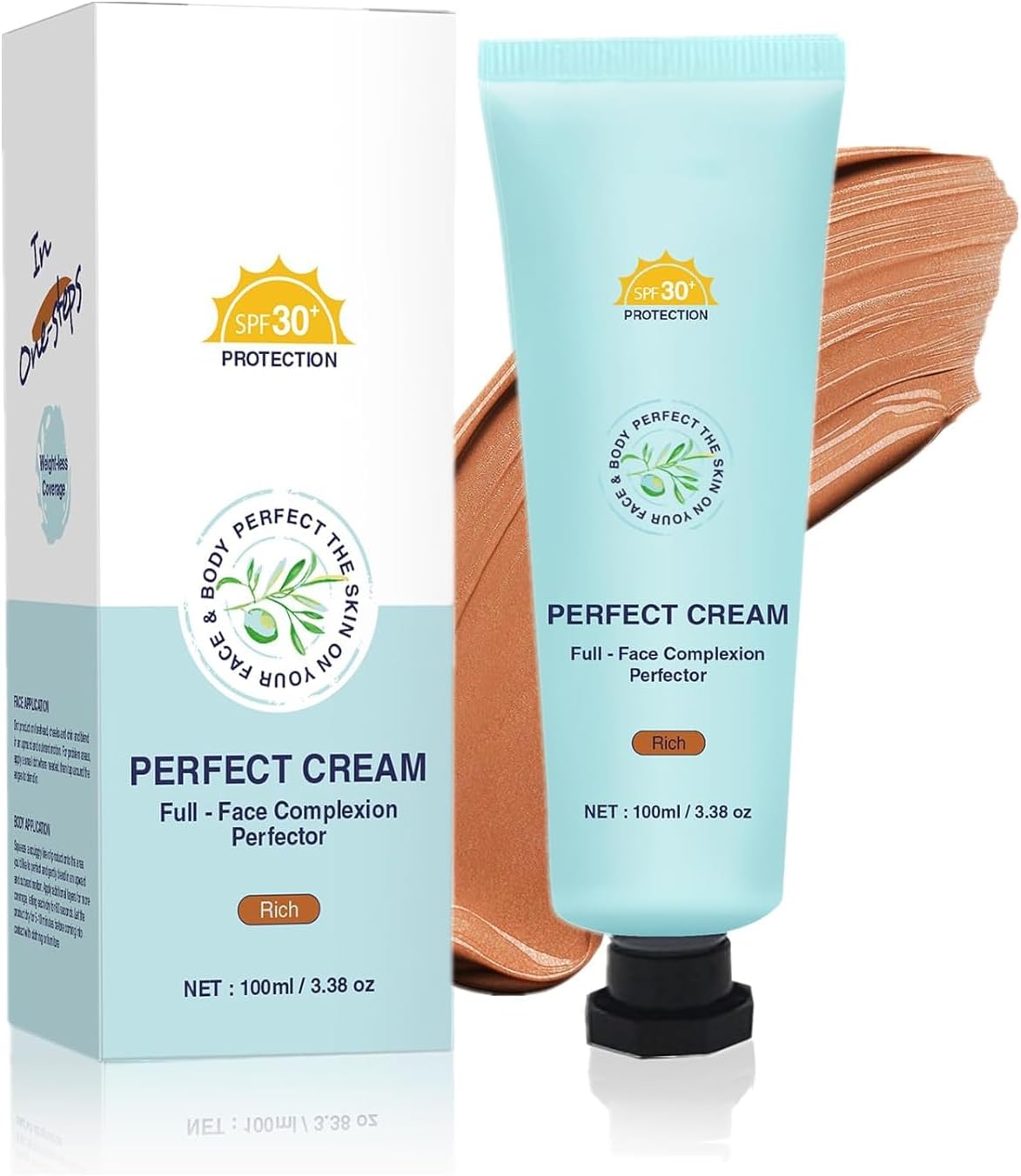 Body Coverage Perfector with SPF 30+, All-Over Complexion Perfector CC Cream, Full Coverage Foundation & Concealer Cream, Waterproof, Long-Lasting for Shimmery Face & Body (Rich)