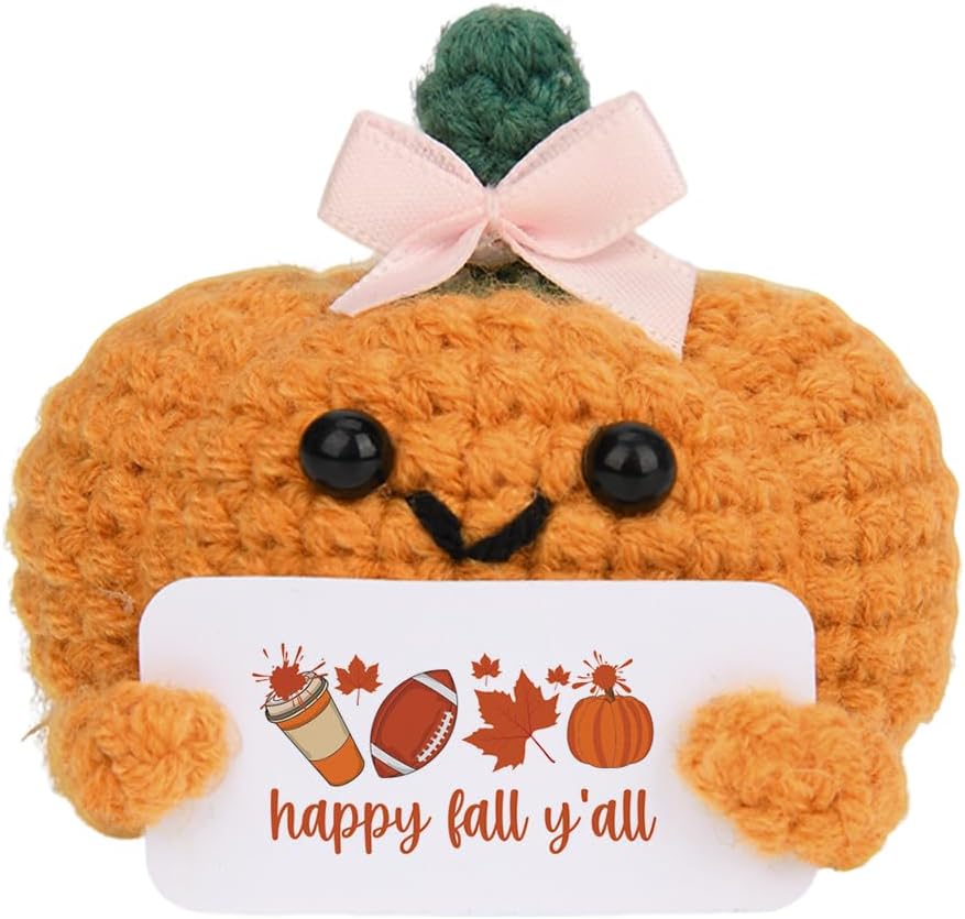 Funny Postive Pumpkin Crochet Gifts Cute Fall Doll Gifts for Women Men Kids Thanksgiving Halloween Crochet Gift Happy Fall Yall Pumpkin Desk Decorations for Home Office Farmhouse Bedroom