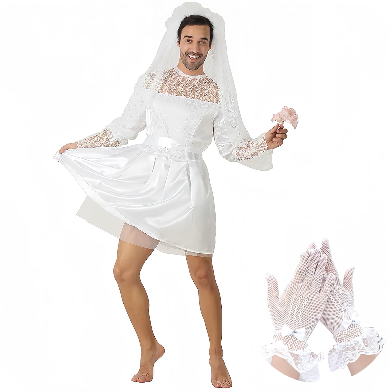 Ice-Beauty-ukzy Halloween Men Costume Graveyard Bridal Cosplay Deluxe Lace Men'S Wedding Dress Fancy DressWhite-One size