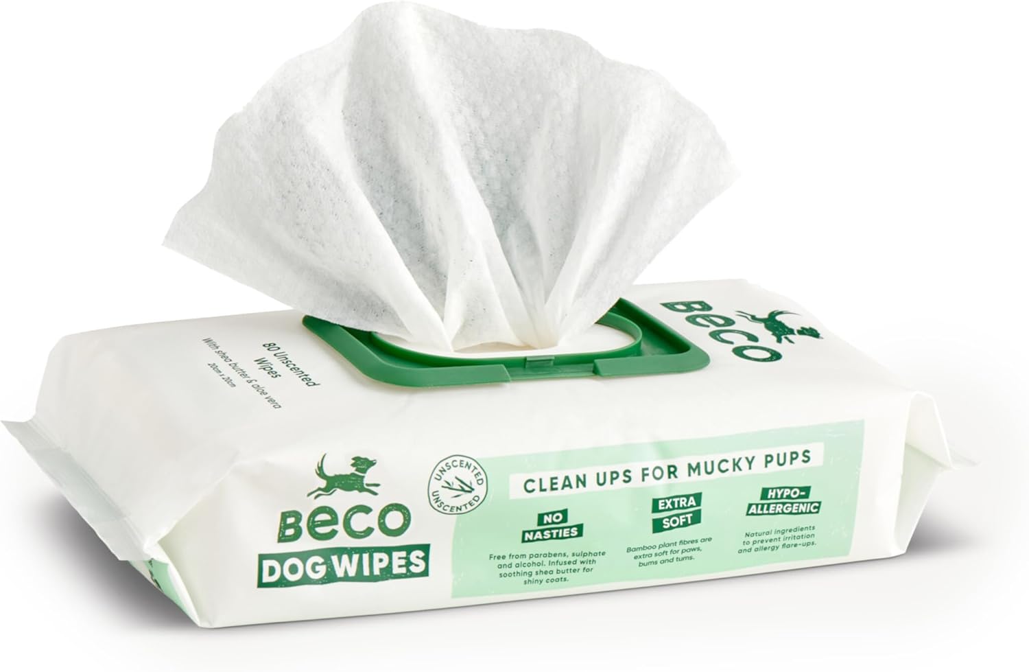 Beco Dog Wipes - 1 Pack of 80, Unscented, For Paws, Body and Bum, Plant-Based Grooming Wipes
