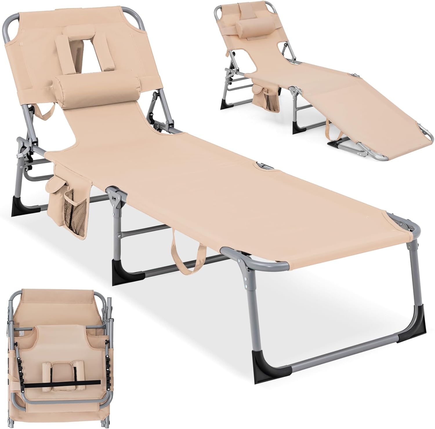 COSTWAY Folding Beach Lounge Chair, Tanning Chair with Face Hole, 5-Position Adjustable Backrest, Pillow & Side Pocket, Foldable Chaise Lounge Chair Outdoor for Sunbathing, Camping (1, Beige)