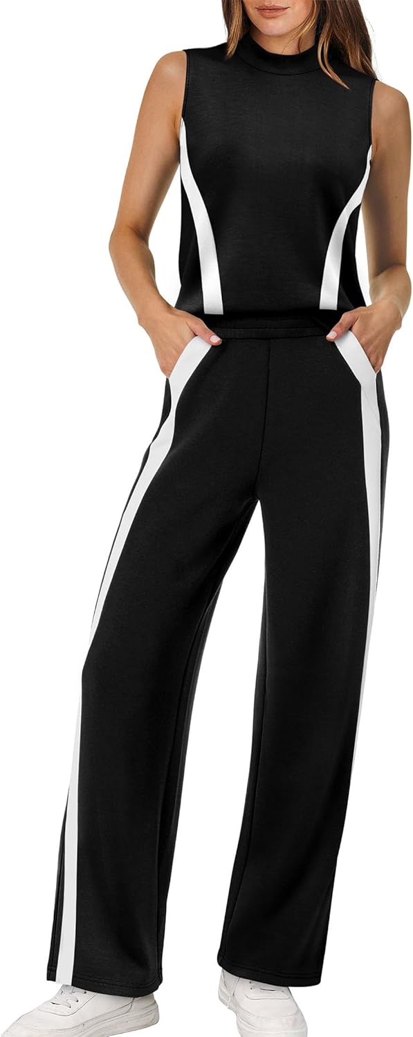 XIEERDUO Two Piece Sets for Women Summer Outfits Travel Mock Neck Lounge Sets Wide Leg Pants Beach Vacation Clothes