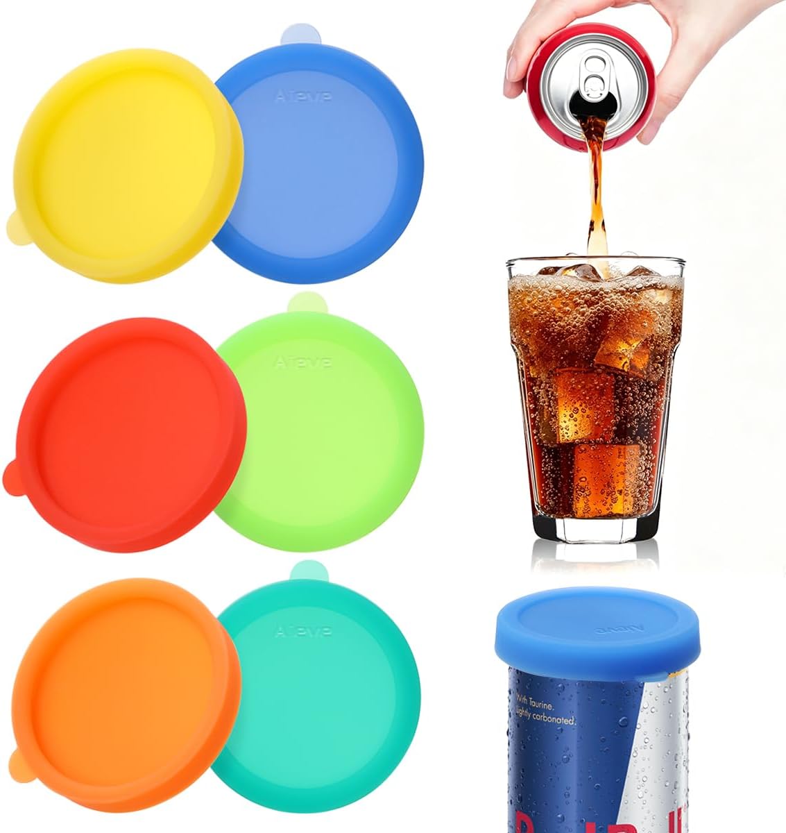 Aieve Silicone Soda Can Lids, Reusable Can Covers/Toppers for Soda, Can Saver for Soda, Pop, Coke, Beverage, Fits Slim Standard Mini Cans (6 Pack, Assorted, BPA-Free)
