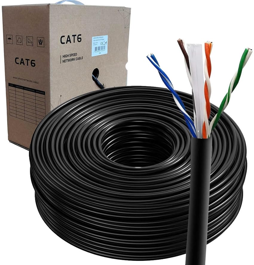 JUSTOP 100M CAT6 Cable Reel AWG23 Ethernet LAN UTP Roll Bulk CAT 6 CCA Cable, Indoor & Outdoor External Grade PE Jacket - 330ft Networking Cable (Black)