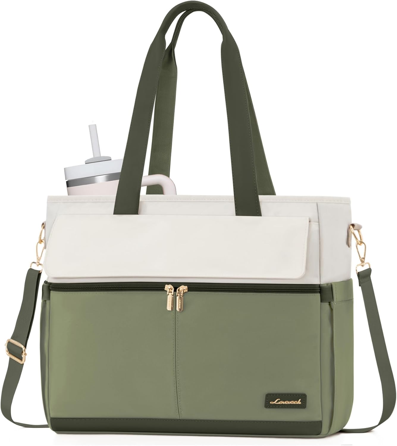 LOVEVOOK Laptop Bag for Women 15.6 Inch Canvas Laptop Large Capacity Work Bags Mutiple Pockets Teacher Bag Water Resistant Computer Bags for Business Travel Nurse, Green Beige