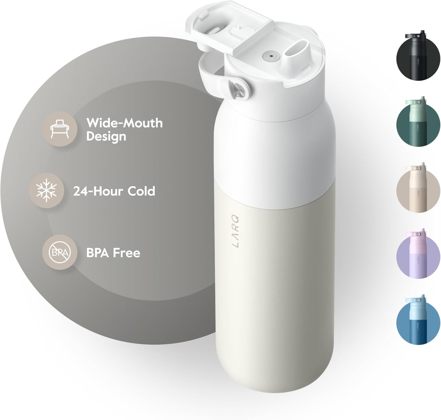 LARQ Bottle Swig Top 34oz - Insulated Stainless Steel Water Bottle with Built-in Silicone Handle | Thermos, BPA Free | Reusable Water Bottle for Sports, Gym, and Travel, Granite White