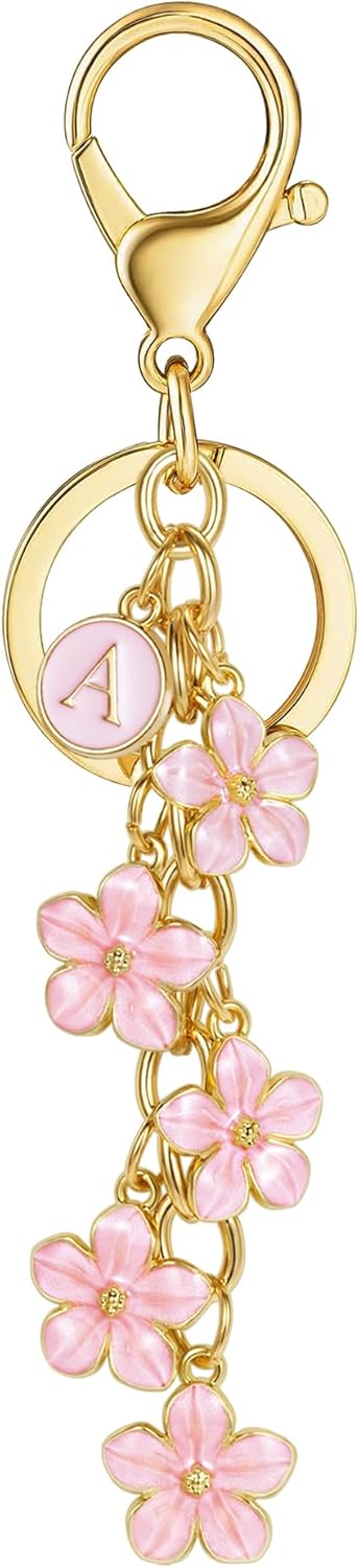 XGALBLA White Pink Black Cute Initial Letter Keychain for Women, Flower Bag Charms Enamel Keyring for Handbag Backpack