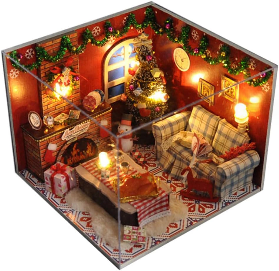 Kisss DIY Miniature House Kits, Christmas House Model Handcrafted Miniature Christmas Art Cottage Model Model Kit, Dollhouse Model Kits with Accessories Birthday Gift for Adults