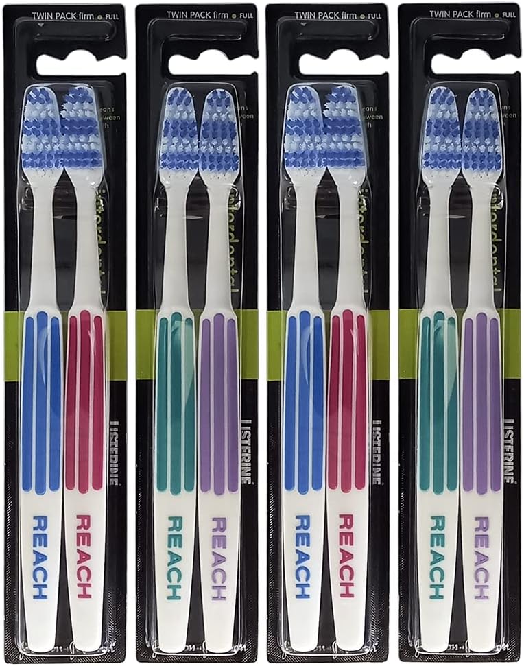 REACH Essential Care Interdental Firm Toothbrush, Duo Pack x 4, Full Head Hard Bristle Manual Toothbrushes, Variety Colors Multipack, Daily Oral Enamel Dental Care Blue+red, Green+Purple