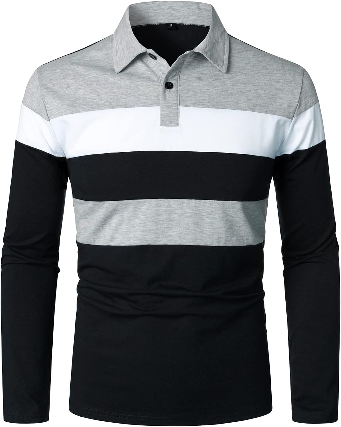 HOOD CREW Men's Color-Block Long Sleeve Casual Polo Shirt Striped Golf Tops