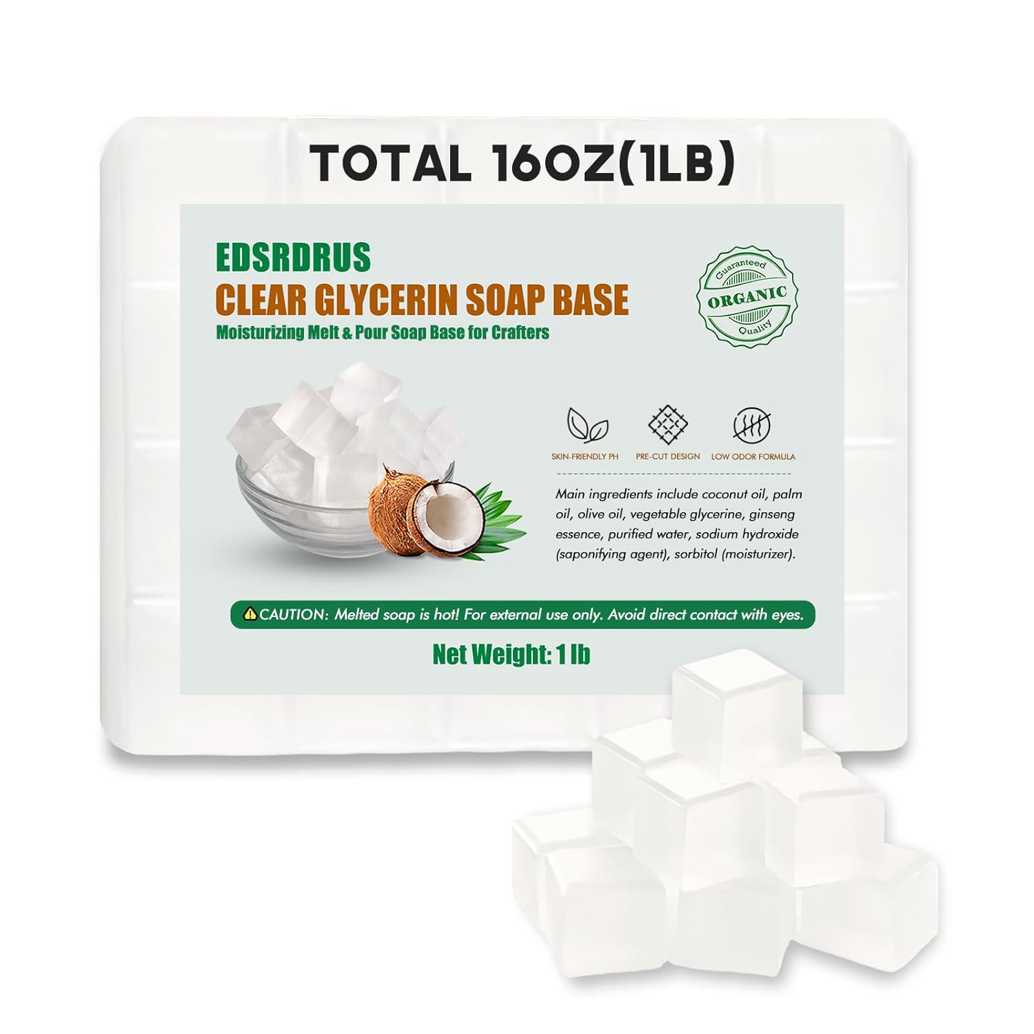 EDSRDRUS 1LB Unscented Glycerin Soap Base DIY Handmade Soap Moisturizing Melt and Pour Soap Base for Crafting, Vegetable Glycerin & Coconut Oil, Easy to Cut (Transparent, 1LB)