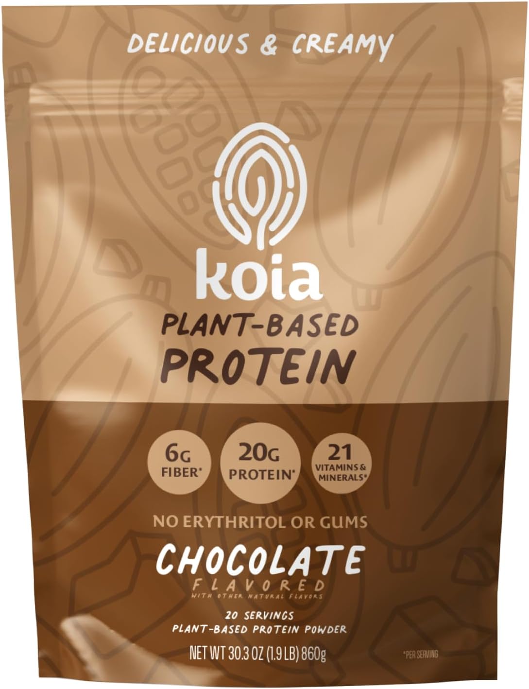 Koia Plant Based Protein Powder, Chocolate, 20g Protein, 3g Sugar, 6g Prebiotic Fiber, Pre & Post Workout, 21 Vitamins & Minerals, No Seed Oils, Dairy-Free, Gluten-Free, Non-GMO, 20 Servings, 28.2 Oz