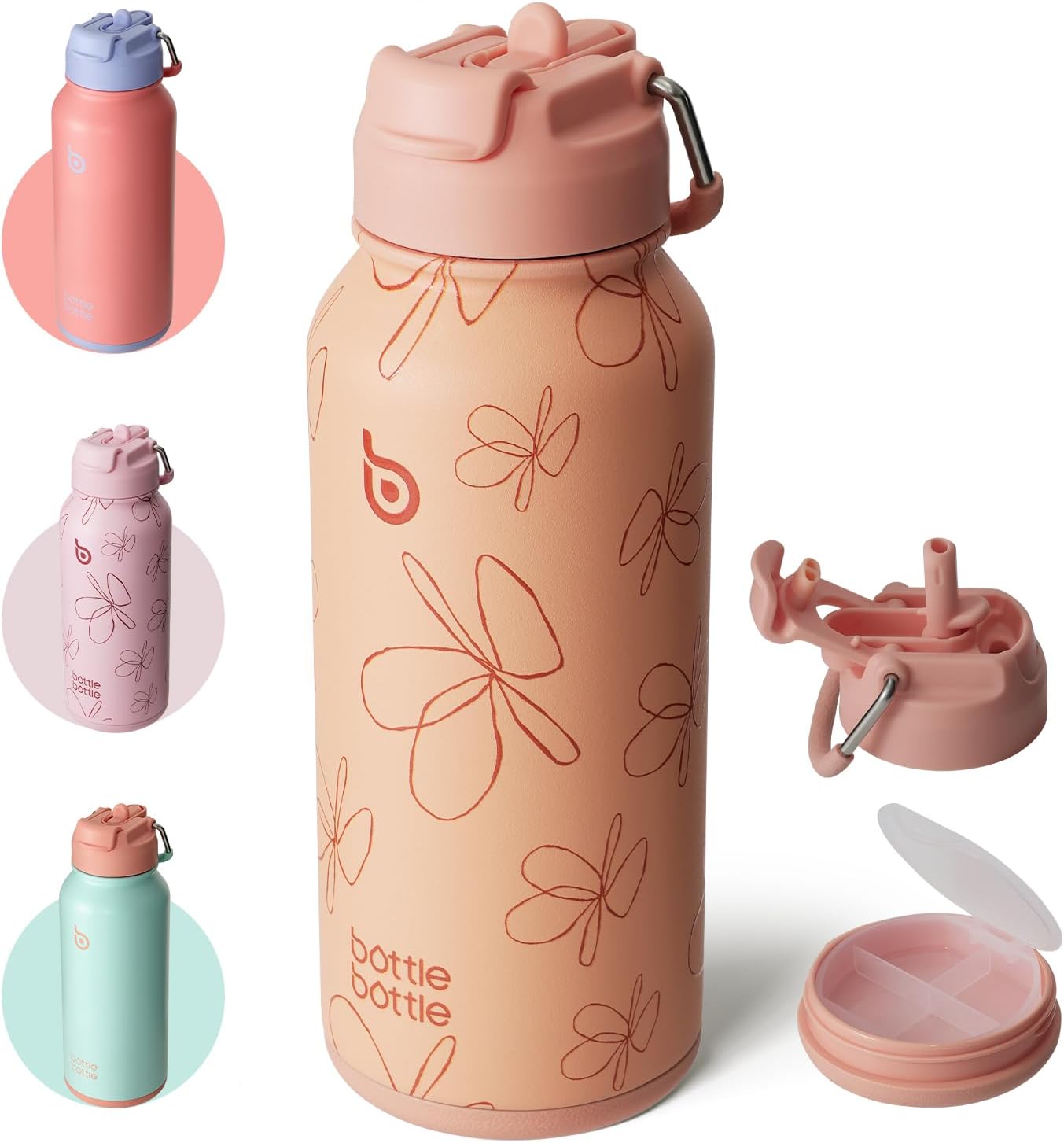 BOTTLE BOTTLE Insulated Water Bottle 950ml(32oz) Stainless Steel Sports Water Bottles with Straw Dual-use Lid Drink Flask Design for Gym with Pill Box (Yellow-Pinky Flower)