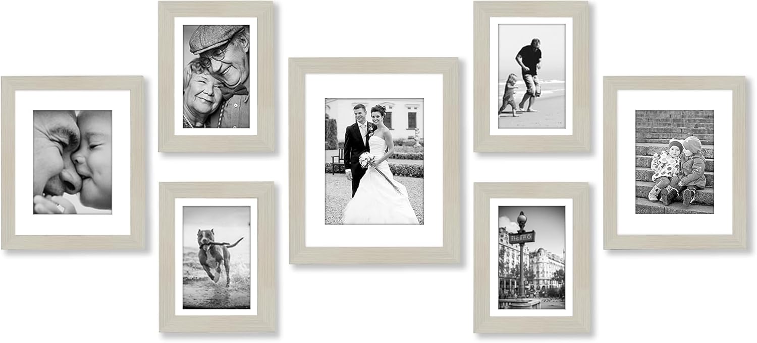 Americanflat Set of 7 Picture Frames with Shatter-Resistant Glass - Gallery Wall Frame Set with One 11x14, Two 10x8, and Four 7x5 Photo Frames for Wall and Tabletop - Light Wood