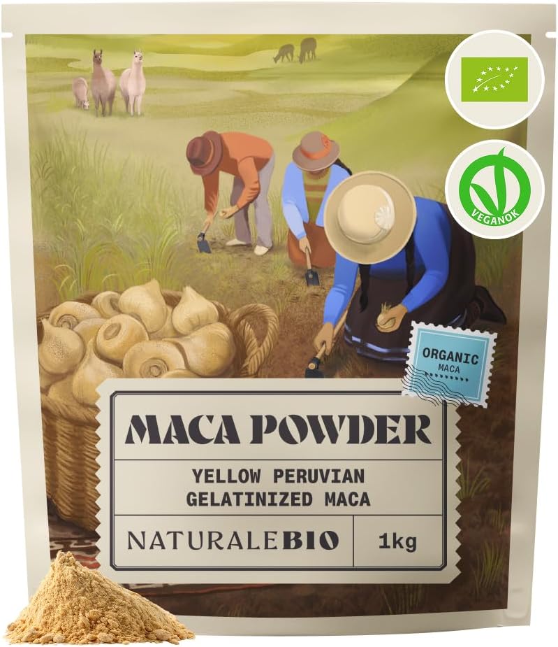 NaturaleBio Organic Maca Powder 1kg. Peruvian, Natural and Pure, from Organic Maca Root. Vegetarian and Vegan Friendly - Gelatinised