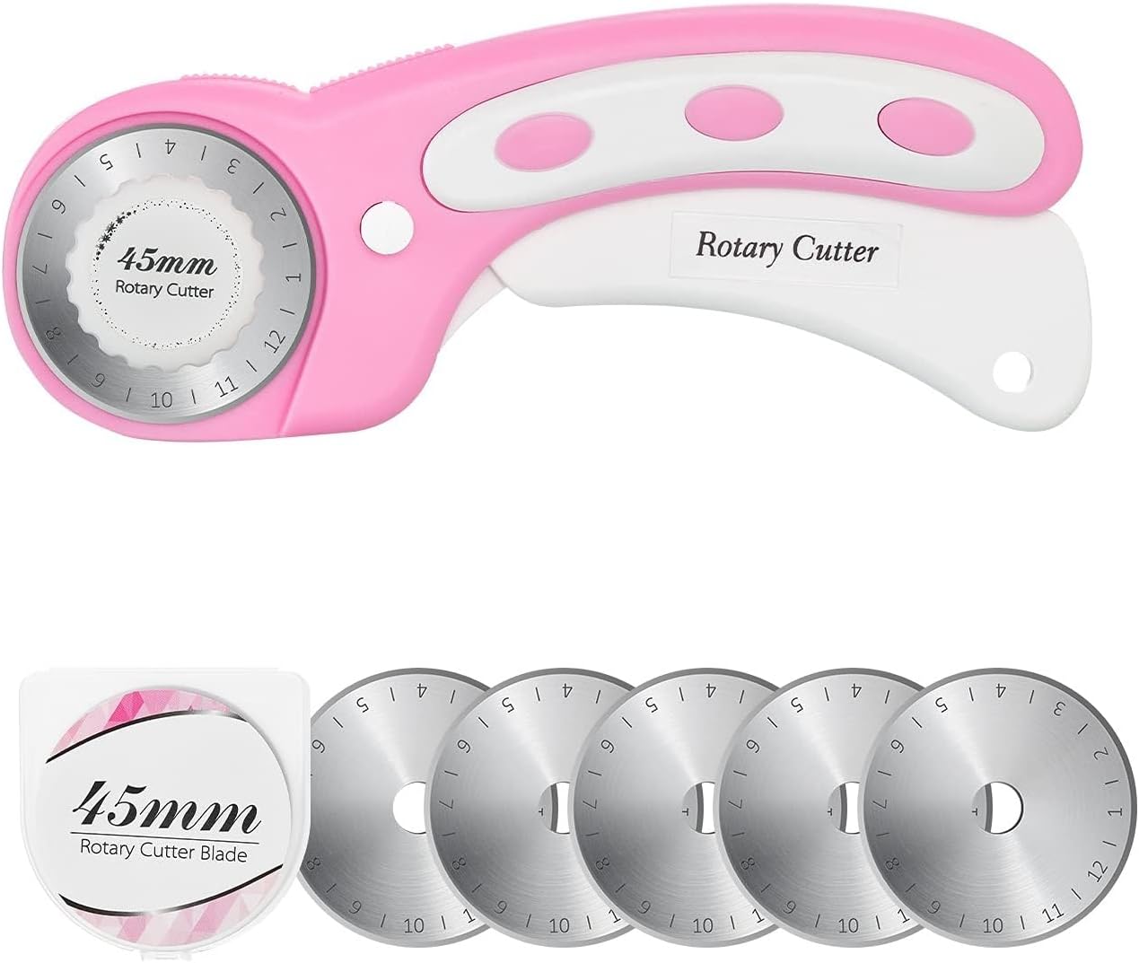 45mm Rotary Cutter with 5pcs Extra Blades, Ergonomic Handle Rolling Cutter with Safety Lock for Fabric, Leather, Crafting, Sewing, Quilting, Fabric Rotary Cutter Perfect for Left & Right Hand(Pink)