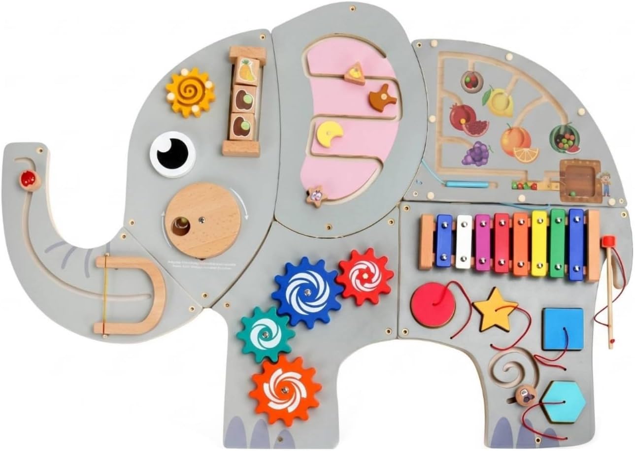 Harilla Children Learning Board Wooden Interactive Kids Play Board Cognitive Activity Panel Wall-Mounted Puzzle Game Suitable for Preschool Room, Elephant Wall Game 3KG