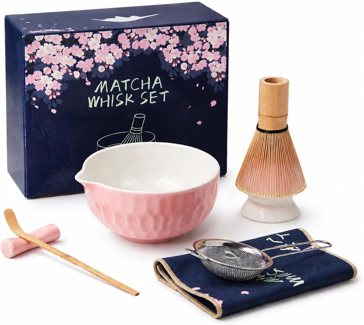 Matcha Whisk Set – Ceramic Matcha Bowl with Pour Spout, Bamboo Whisk, Whisk Holder, Scoop, Sifter – Japanese Matcha Kit for Beginners (Pink)