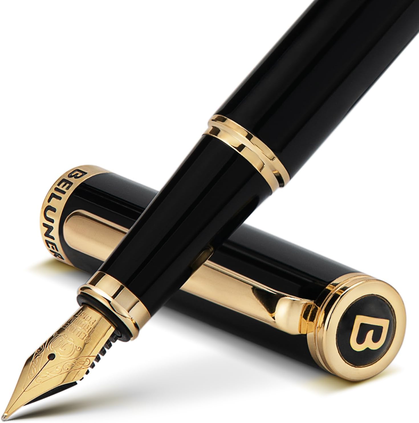 BEILUNER Black Fountain Pen,Stunning Luxury Pen,24K Gilded Nib(Medium),Gorgeous 24K Gold Finish,German Schneider Ink Converter,Trustworthy Pen Gift for Men&Women-Elegant, Reliable,Nice Pen for Writing