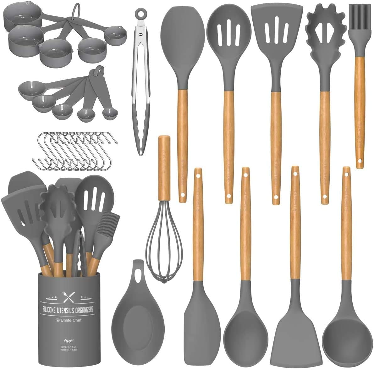 Umite Chef Kitchen Cooking Utensils Set, 24 pcs Non-Stick Silicone Cooking Kitchen Utensils Spatula Set with Holder, Wooden Handle Heat Resistant Silicone Kitchen Gadgets Utensil Set (Gray)