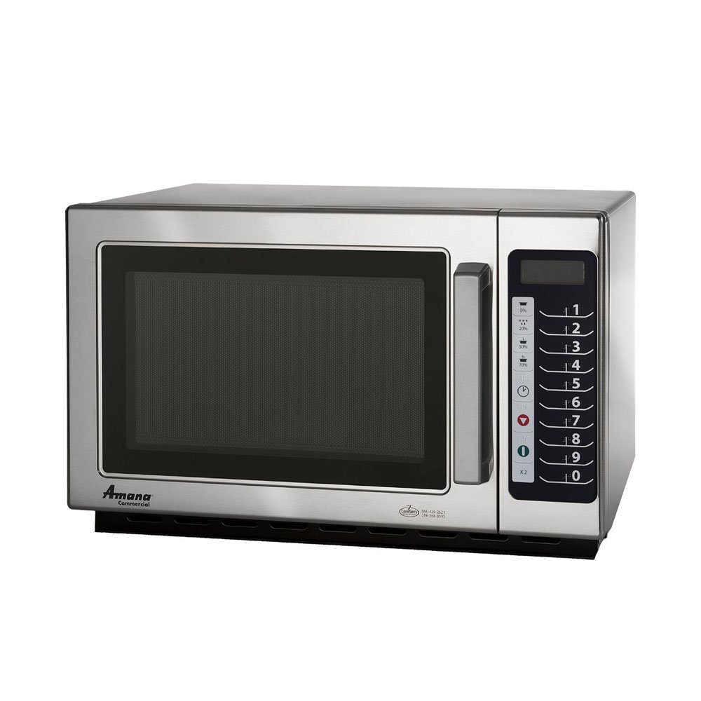 Amana RCS10TS 1000 Watt Stackable Countertop Commercial Microwave with Push Button Controls for Restaurant Buffet Catering Service | 1.2 Cu. Ft, 22"W x 19"D x 13-7/8"H, Stainless Steel, 120v, NSF