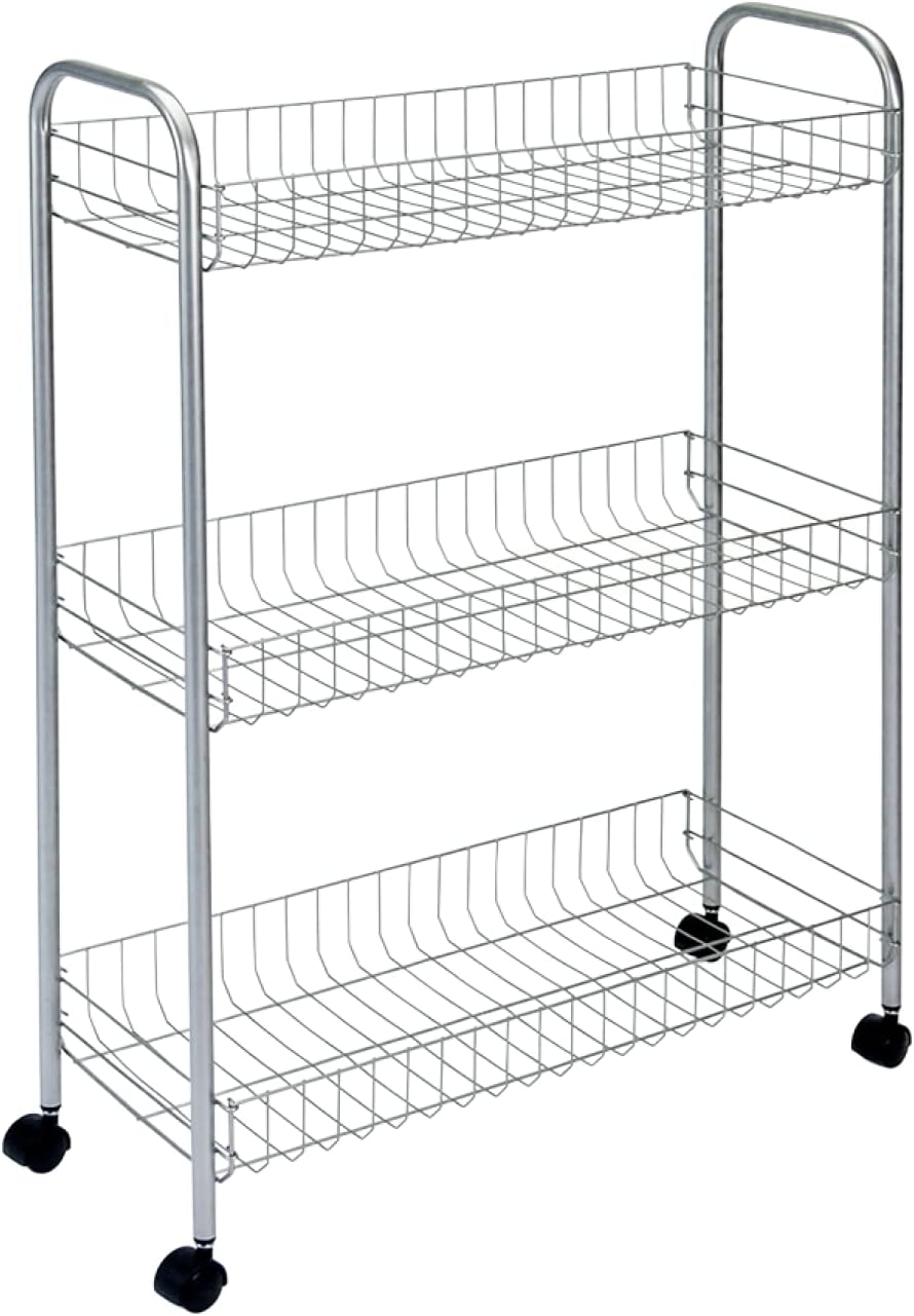 Metaltex Slim Deluxe 3-Tier Trolley with Wheels - Multipurpose Storage Cart for Smaller Spaces in the Home including Kitchen, Bathroom, Office and Garage - Polytherm Metallic, 56 x 23 x 84 Centimetres