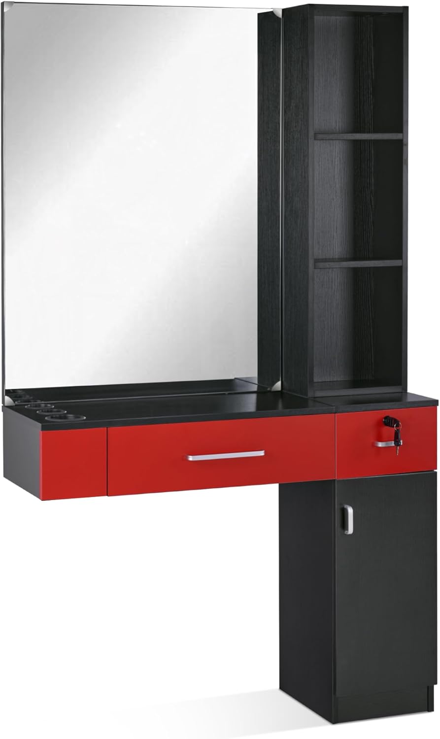 BarberPub Wall Mount Salon Station with 3 Hair Dryer Holders Hair Styling Station with Mirror Beauty Salon Spa Equipment Set 3026 (Right Shelf)…