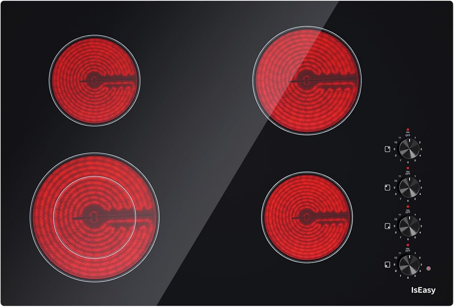 Electric Cooktop 30 inch Ceramic Stove 4 Burners Built-in Electric Stove Top 11 Power Levels/Control by Knob/220-240V 6700W Stove Top Burners Satin Glass Cooktop