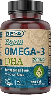DEVA Vegan Omega-3 DHA Supplement, Once-Per-Day Softgel 200 MG, Carrageenan Free, Gelatin Free, Non-Fish, Algae Oil, Omega-3 Fatty Acids - 90 Softgels