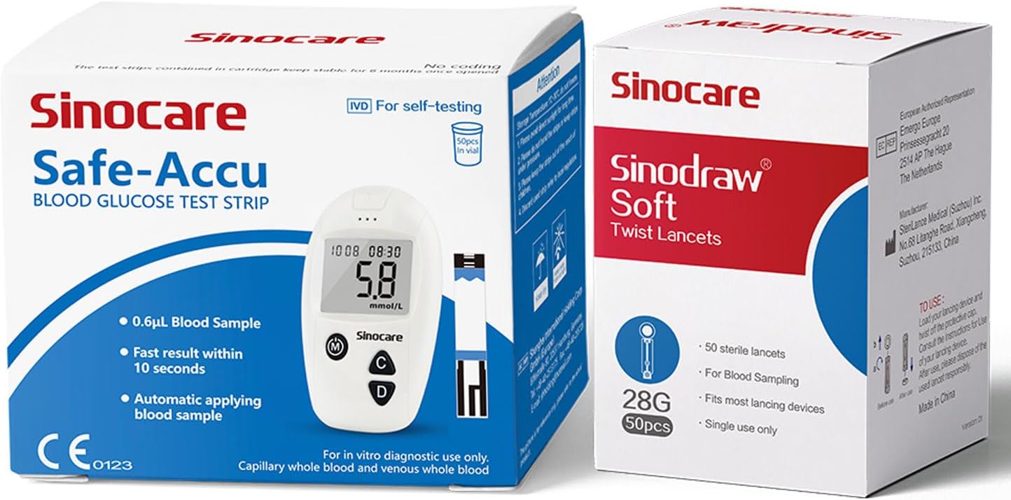 Sinocare Safe-Accu Blood Glucose Test Strips (50 Pack) with Lancets, 0.6µl Small Sample, No Coding Required, 24-Month Shelf Life, Lab-Proven Accuracy for Diabetes Monitoring