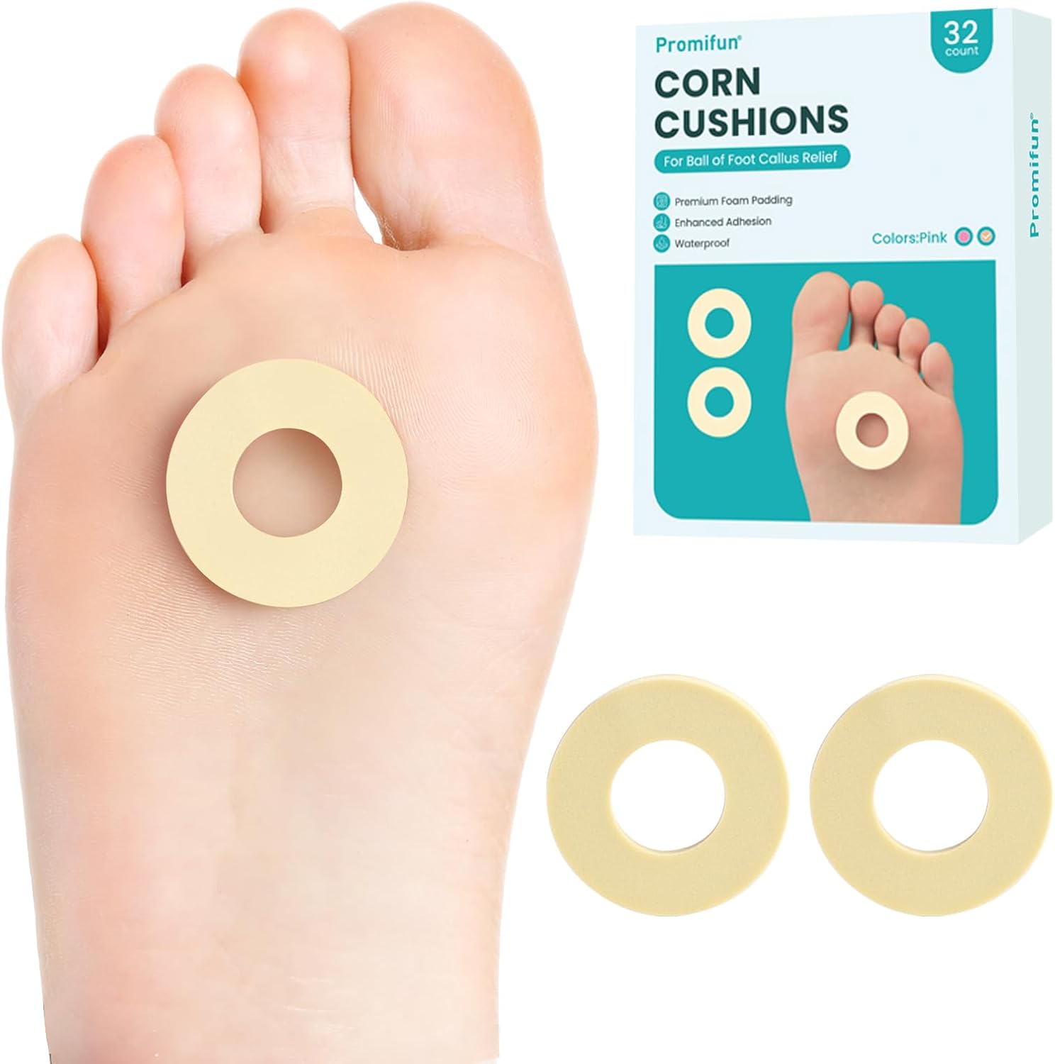 Callus Cushions for Bottom of Foot - Round Foam Padding with Water-Resistant Self-Stick Adhesive - Corn Cushions for Toes and Feet, Reduce Pain, Pressure and Friction from Shoes (Beige, 32 Count)