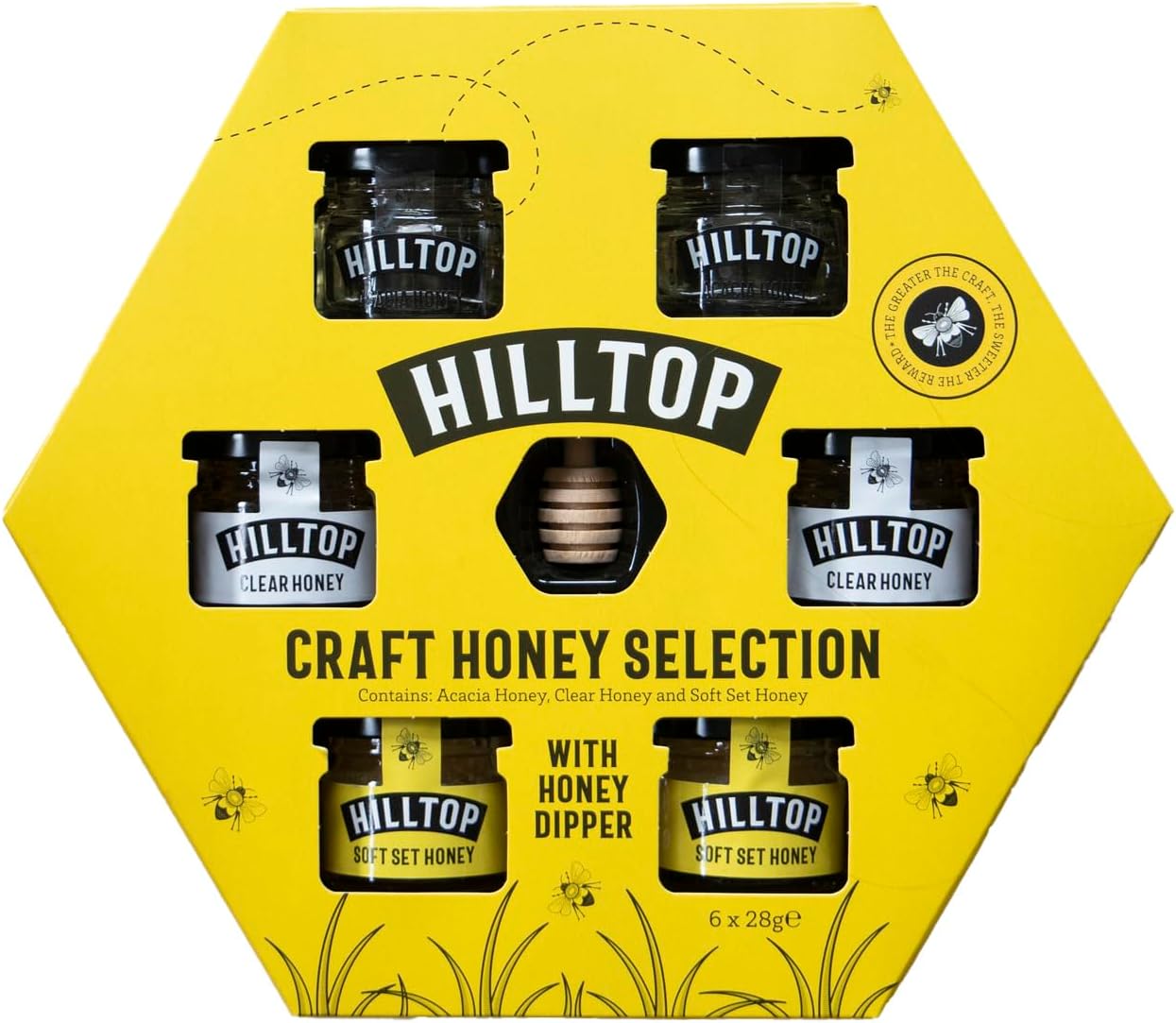 Hilltop Craft Honey Selection Box | 6 x 28g jars with a Wooden Honey Dipper | Acacia Clear Soft Set Pure and Natural Honey | Premium Quality and Tested for Authenticity | Dairy Nut and Gluten Free