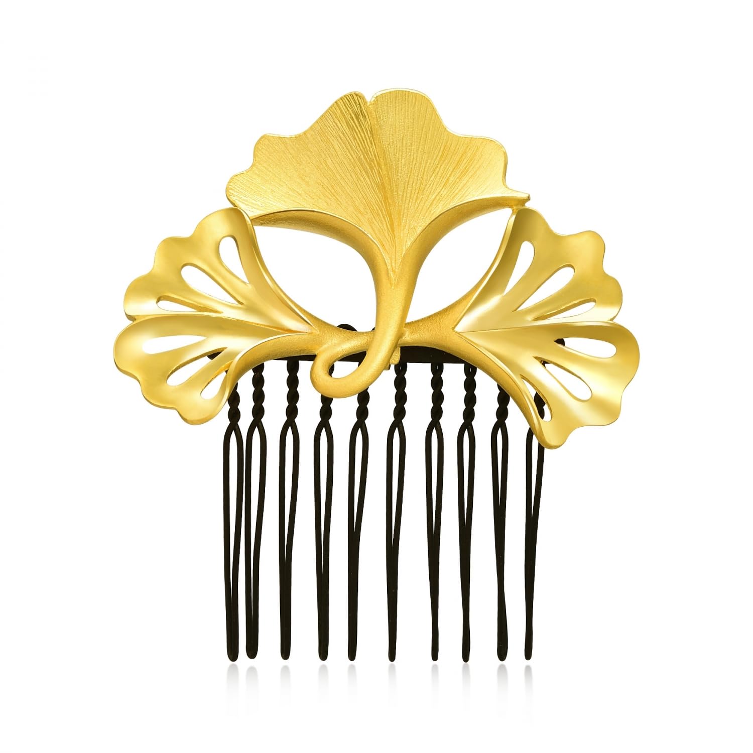 CHOW SANG SANG Chinese Wedding Collection 999.9 24K Solid Gold Price-by-Weight 28.07g Gold Bridal Blossoms Ginkgo Leaf, Comb Clips, Headpieces, Hair Adornment for Bride 92400Q | Front Left