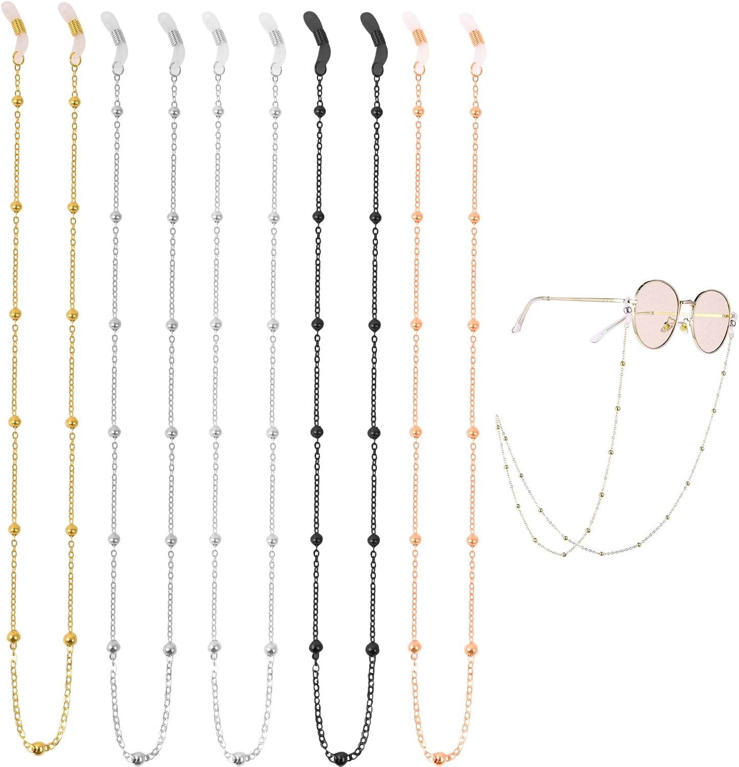 YuZhou 5Pcs Glasses Chain Sunglasses Chain Gold Eyeglass Chains Silver Long Strap Beaded Spectacles Cord Lanyard Strap Glasses String Eyewear Reading Retainer for Men Women