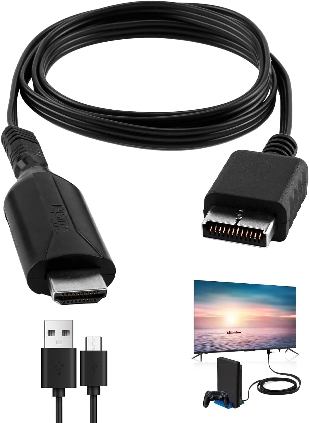KeyQueen PS1/PS2 to HDMI Adapter Cable, PS2 to HDMI Converter Cord, HD Video Audio Multimedia Interface Cable Link Connector Supports 720P/1080P Output for PS1/PS2 Game Consoles Projector Monitor TV