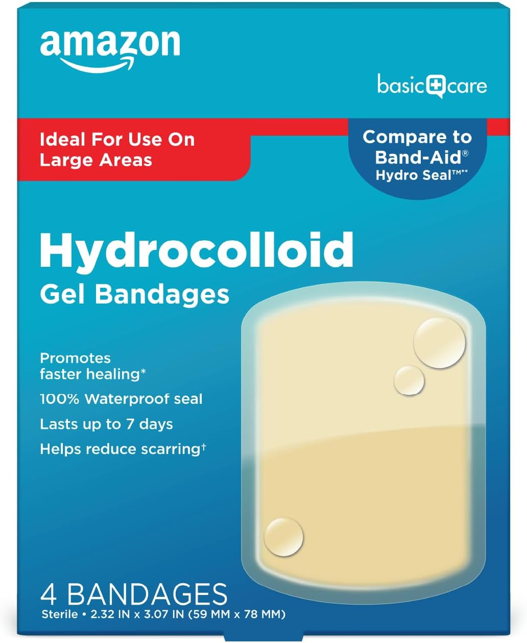 Amazon Basic Care Advanced Fast Healing Hydrocolloid Gel Bandages, Large Wound Dressing, 4 ct