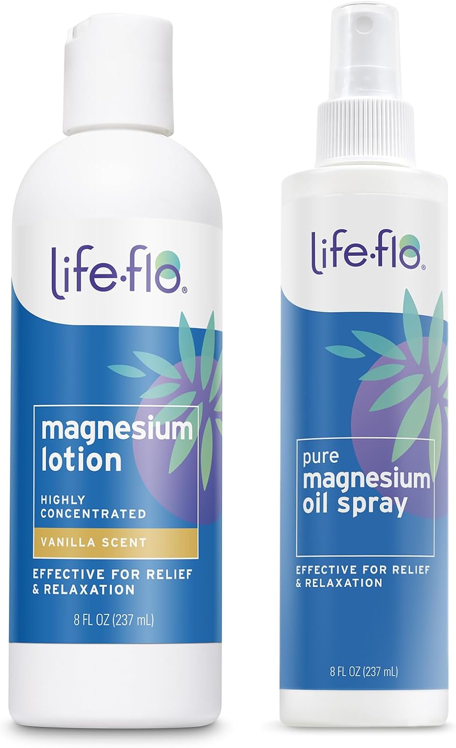 LIFE-FLO Magnesium Lotion & Pure Oil Spray Bundle, 8oz Vanilla, 2 Pack | Soothes Muscles & Joints When Massaged into Skin - From Zechstein Seabed - No Animal Testing, Hypoallergenic - Kids & Adults