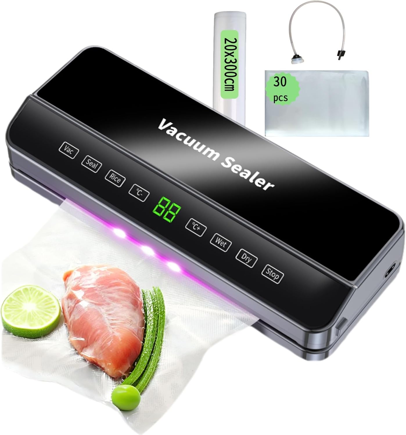 6 in 1 Vacuum Sealing Machine with High Suction Force of 80KPa and Controllable Sealing Temperature, Built in Cutting Blade, LED Display, Suitable for Vacuum, Sealing, rice brick, Wet Modes