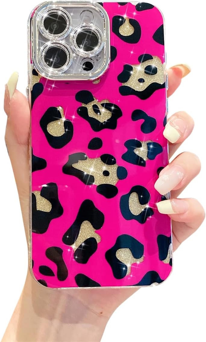 for iPhone 15 Pro Max 6.7“ Case Sparkle Lens Cute Soft Shockproof Cartoon Funny Glitter Minnie Phone Protective Phone Cover for Women Girls (Hot Pink)
