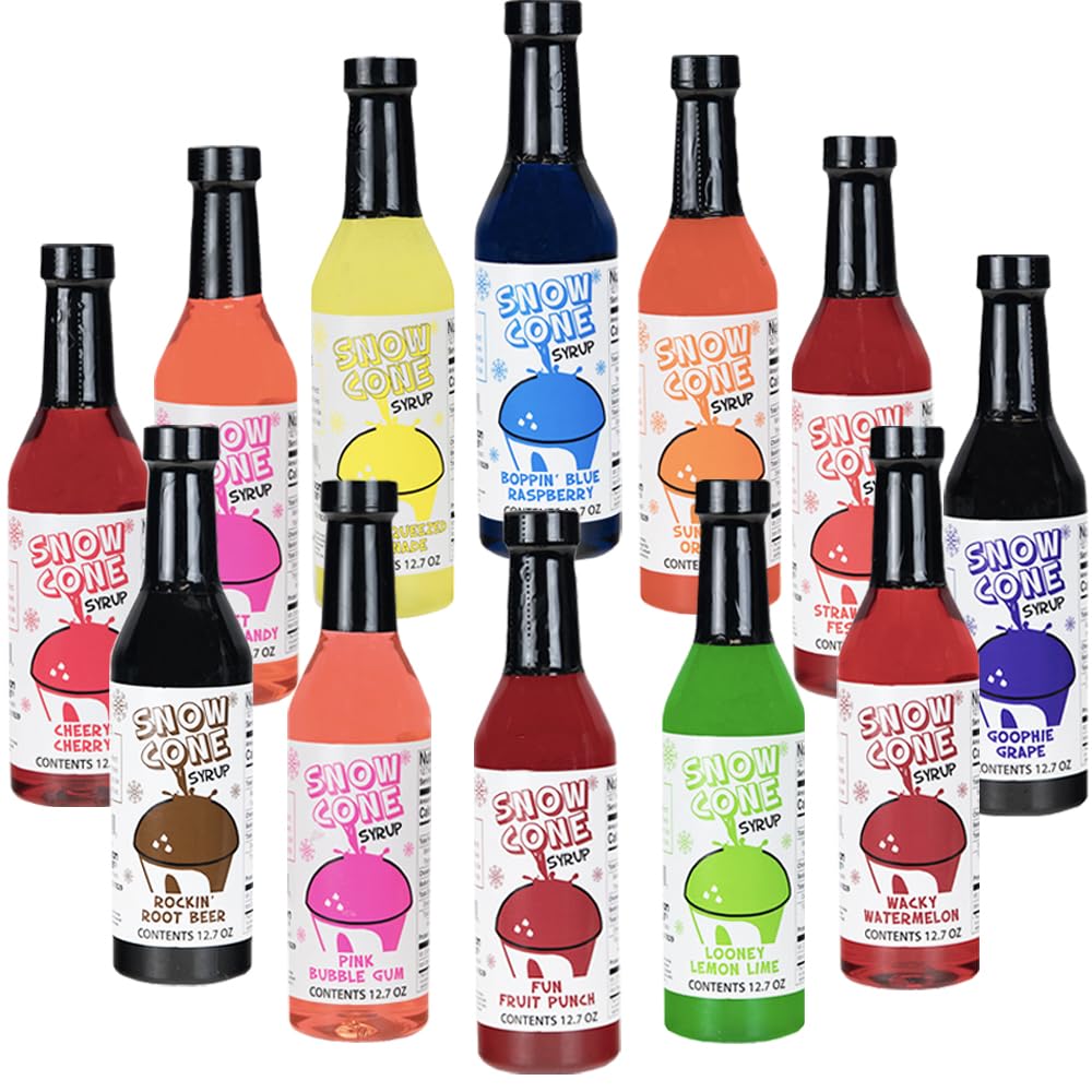 Concession Express® Snow Cone Syrup Party Pack – 12 Pack (12.7 oz Bottles) – Variety of 12 Flavors for Snow Cones & Shave Ice – Blue Raspberry, Bubble Gum, Cherry, Cotton Candy, Fruit Punch, Grape, Lemon Lime, Lemonade, Orange, Strawberry, Root Beer and Watermelon