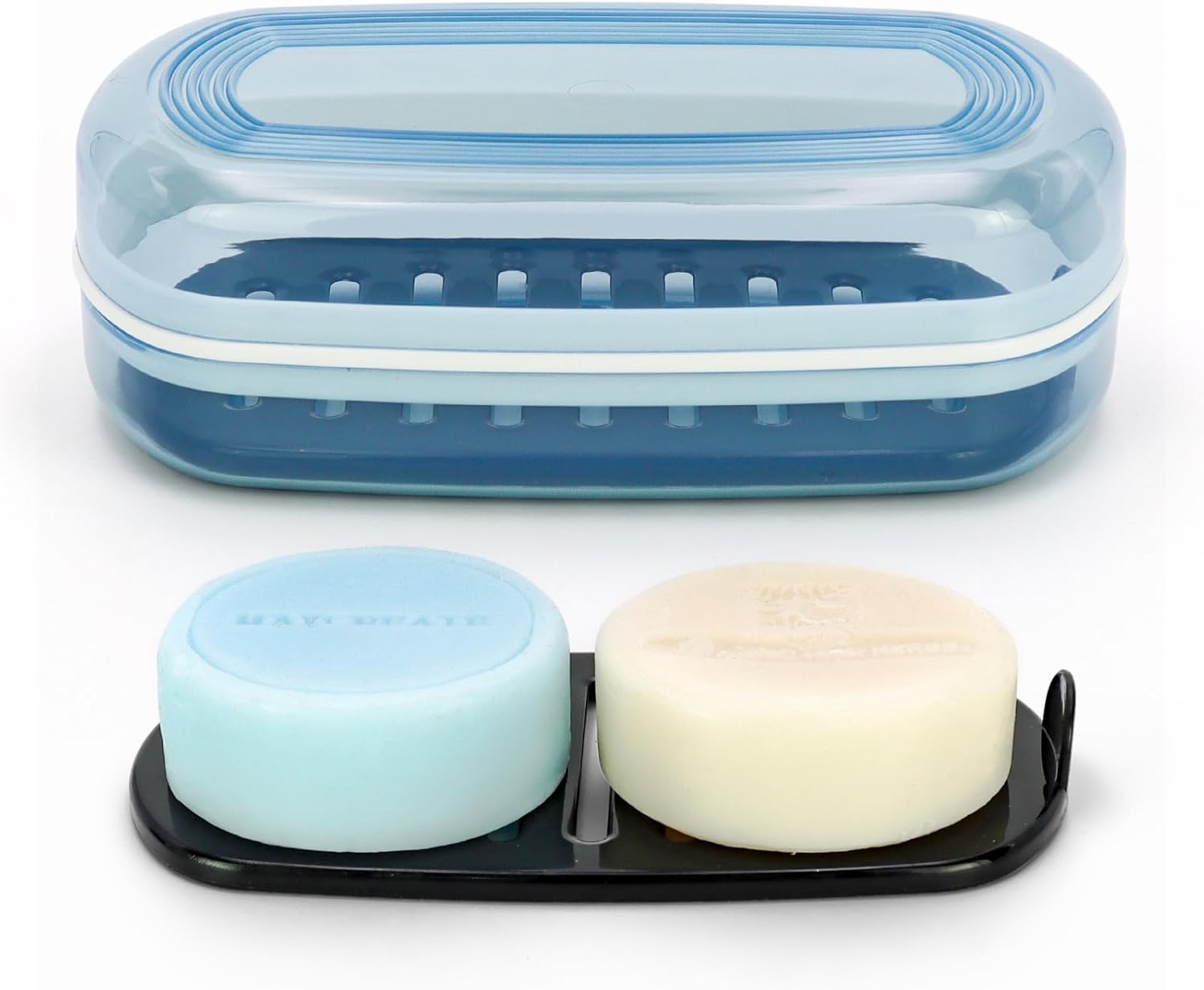 OZNER Clear Travel Soap Case - Leak-Proof Multi-Use Soap Holder with Draining Layer for Shampoo Bars, Gym, Travel & Camping(Blue,1 Pack)