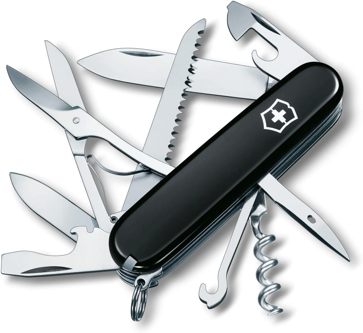 Victorinox Swiss Pocket Knife Huntsman, 15 Functions, Swiss Made, Outdoor Multi Tool incl. Scissors, Wood Saw, Black