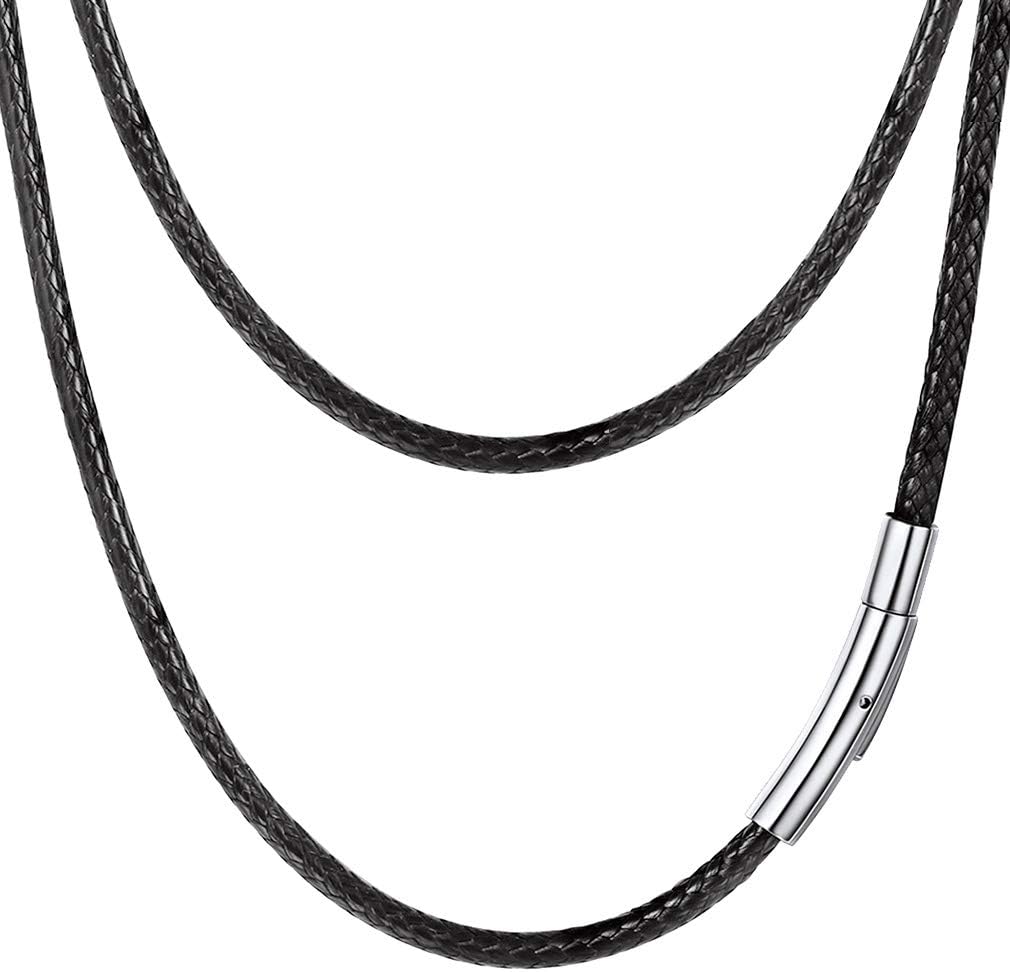 PROSTEEL Mens Leather Necklace Cord, 3mm Width Black Braided Rope Chain with Stainless Steel Clasp, Waxed Waterproof 16"-30" Length (with Gift Box)