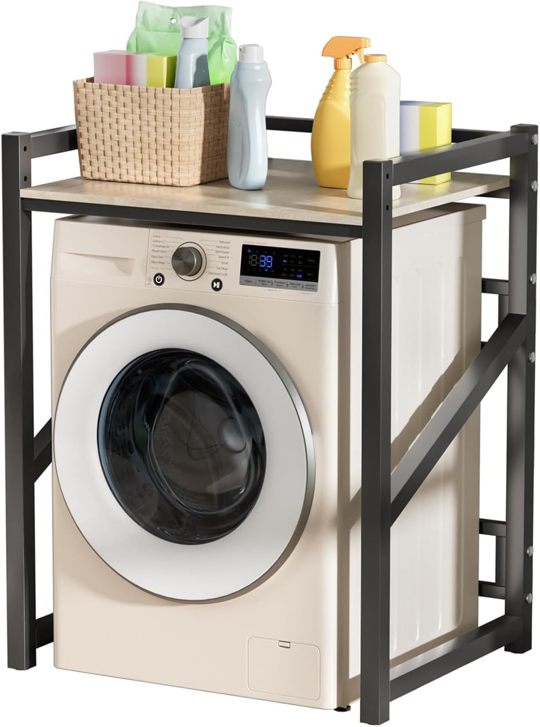 Washer Dryer Stack Stands,Over The Washer Storage Shelf, Height Adjustable Washing Machine Storage Stand, Washing Machine Storage Utility Rack with Countertop, Black