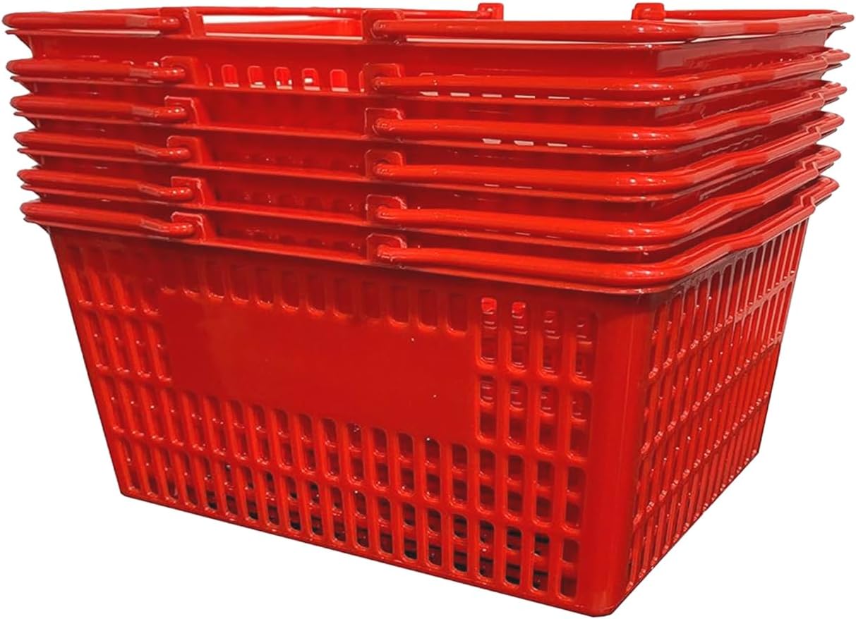Stackable Plastic Shopping Baskets, Red and Blue, Easy-Grip Handles for Grocery, Retail, Liquor Stores, Home Use (6-pack, Red)