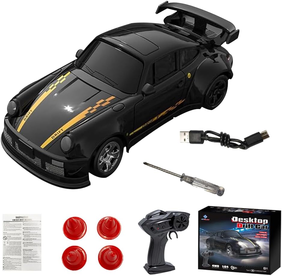 KUWUNG RC Drift Car, 1/64 Scale Remote Control Car with LED Lights, 4WD Racing with Drifting Tires, 15KM/H RC Racing for Race, Childrens Gifts and Toys, Boys Toy Gifts Age 6 7 8 9 10+