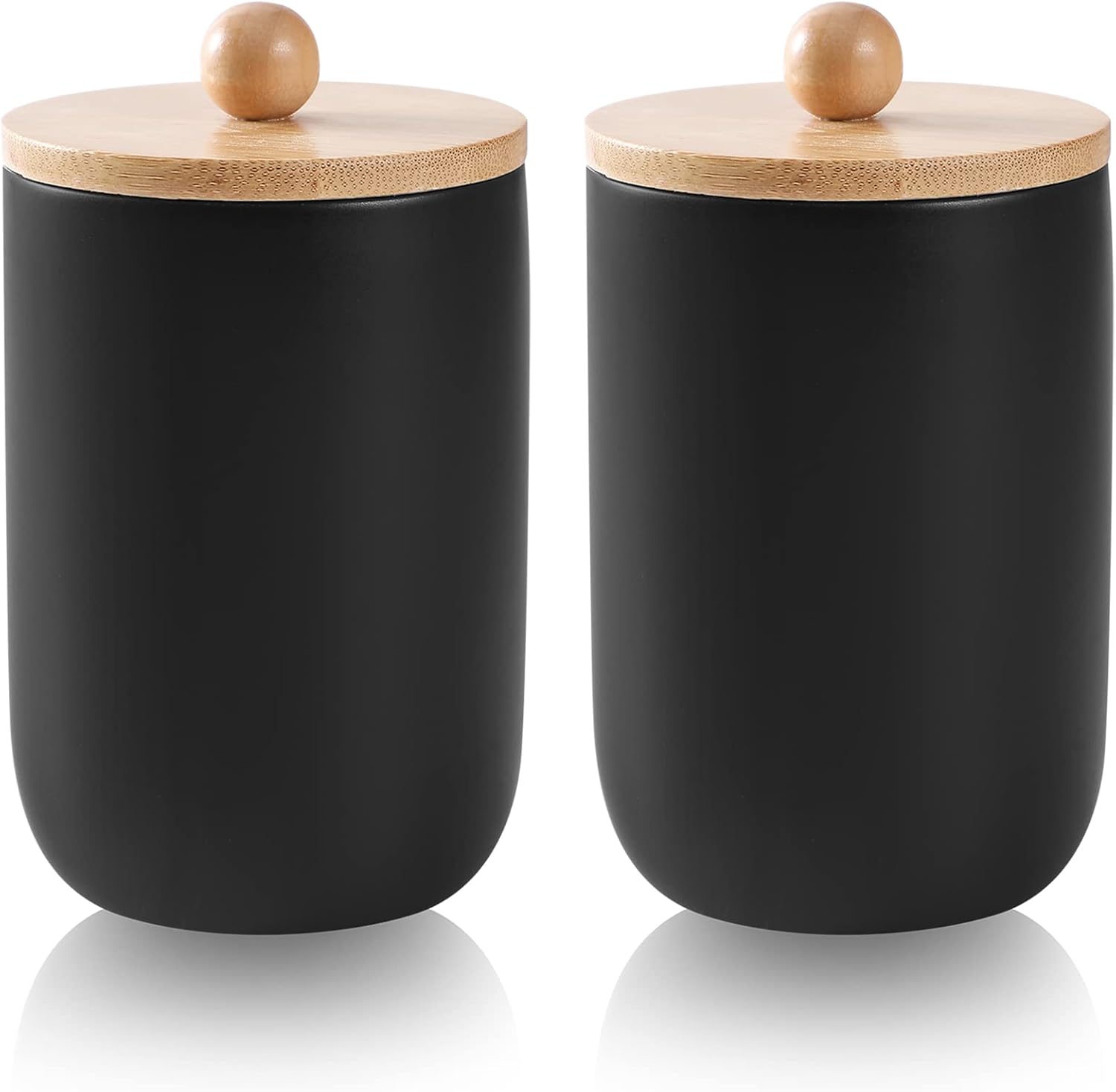 JiatuA Qtip Holder Dispenser with Bamboo Lids, Matte Ceramic Apothecary Jar Containers Cotton Ball Holder for Vanity Makeup Organizer Bathroom Canister Storage Farmhouse Decor, Black 2 Pack