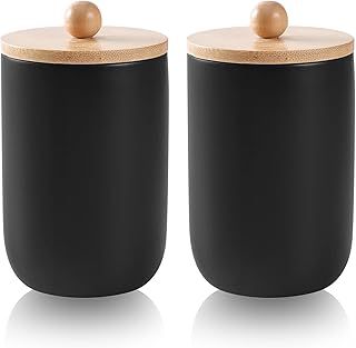 JiatuA Qtip Holder Dispenser with Bamboo Lids, Matte Ceramic Apothecary Jar Containers Cotton Ball Holder for Vanity Makeup Organizer Bathroom Canister Storage Farmhouse Decor, Black 2 Pack