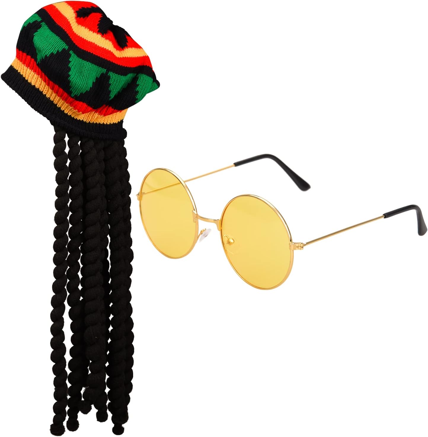 MFUOE 2 Pack Rasta Set Rasta Hat with Black Dreadlocks Wig and Yellow Glasses Caribbean Fancy Dress Costume