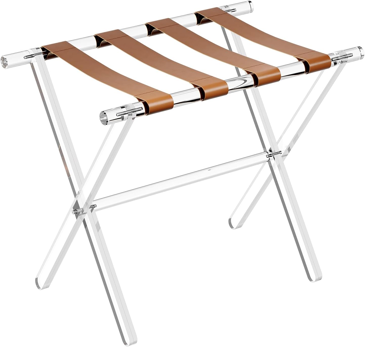 Sumerflos Acrylic Luggage Rack for Guest Room - Foldable Suitcase Stand with Leather Straps for Bedroom Living Room Hotel Heavy-Duty, Holds up to 50-100 lb lightweight Space Saving, Brown, 2 Pack